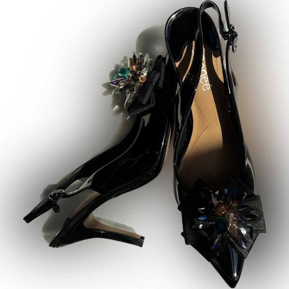 J. Reneé 9.5 Dressy Black Patent Sling-Back Pump.